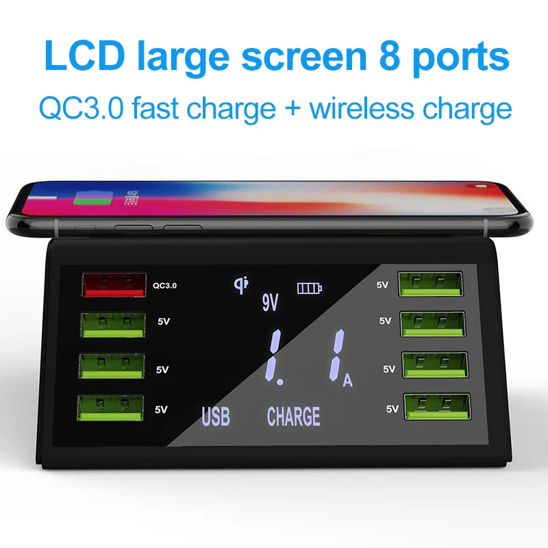 

60W 8 Port USB Digital Display Intelligent Wireless Fast Charger Adapter For Huawei P30 Mate 20Pro Xiaomi Mi8 Mi9 S10 s10+