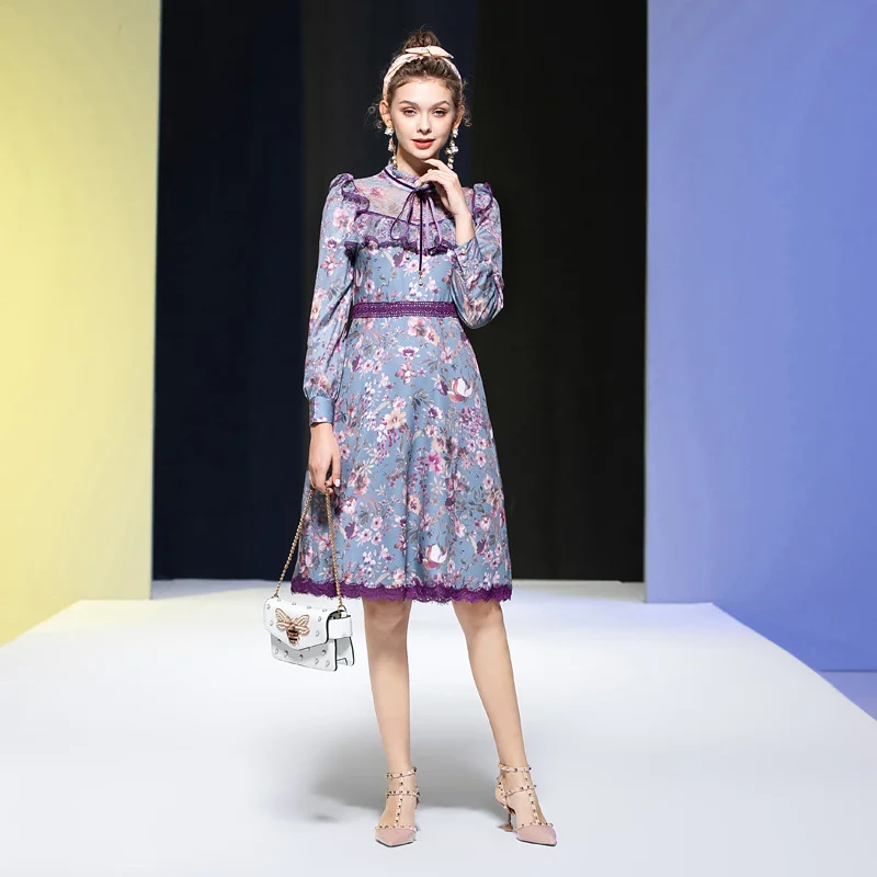 

Runway Designer Spring Autumn New Style Women'S Vintage Fashion Party Bow Knot Lace Stitching Lotus Leaf Floral Casual Dress