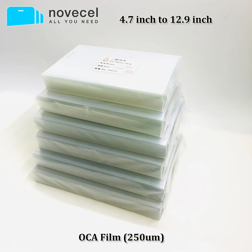 

50 шт./лот для iPhone iPad 4 4,7 5,5 5,8 6,2 6,5 7 9,7 дюйма 12,9 мкм оптический прозрачный клейкий клей OCA пленка + легко рвется стикер