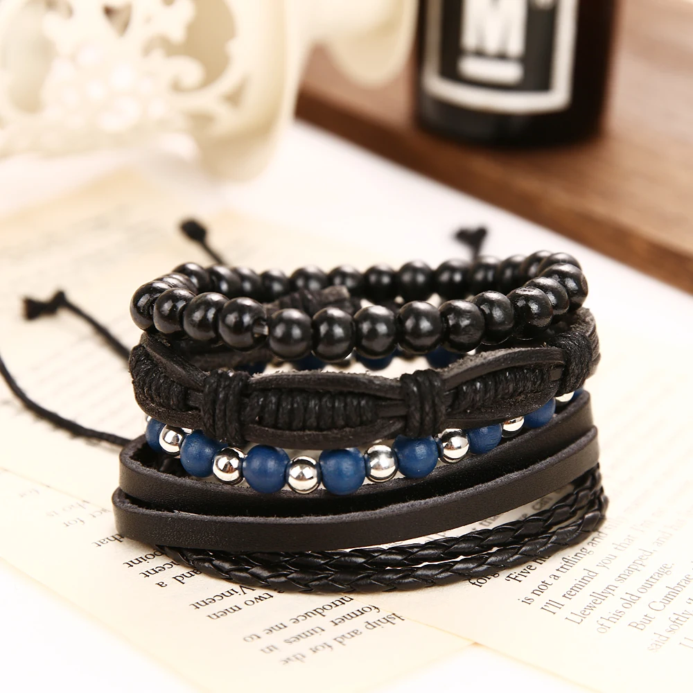 IFMIA богемные деревянные плетеные браслеты ручной работы, браслеты Pulsera для мужчин, винтажный многослойный синий кожаный браслет с бусинами, браслеты