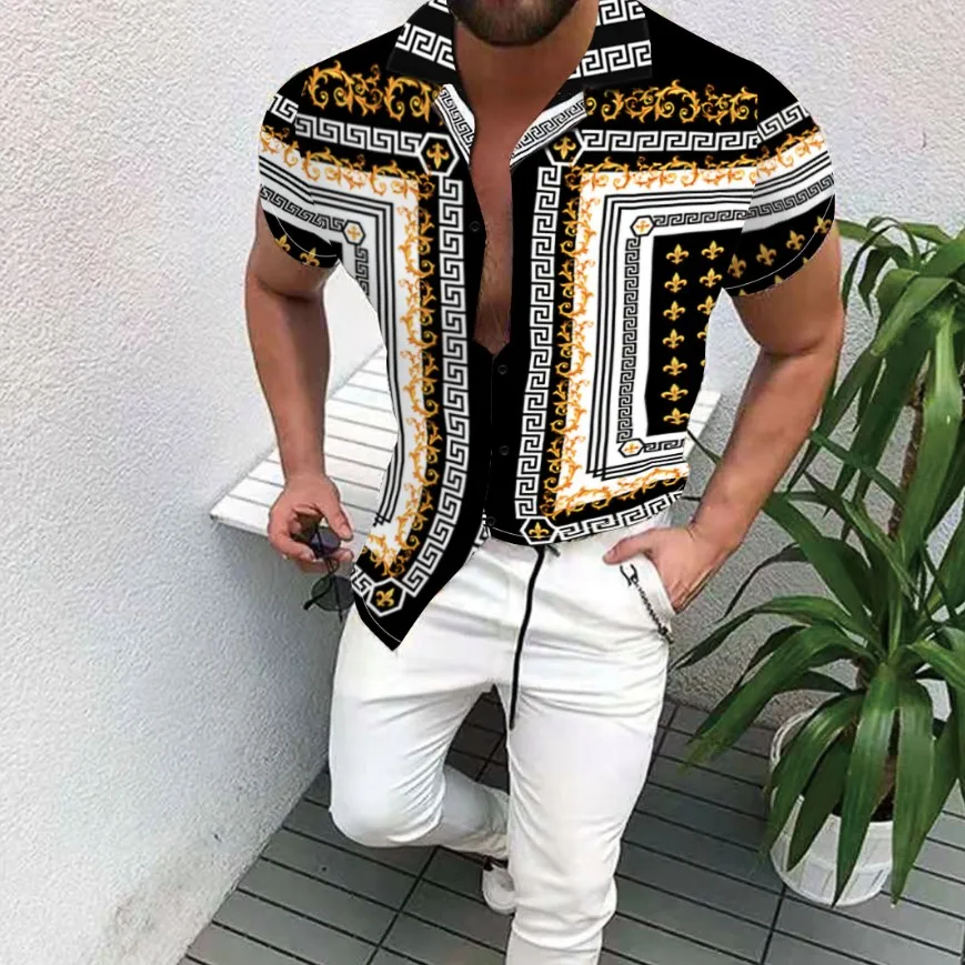 

Hot Sale 2021 Summer Printed Hawaiian inch Shirt European American Men's Clothing Casual Fashion Cardigan Short Sleeve Shirt Men