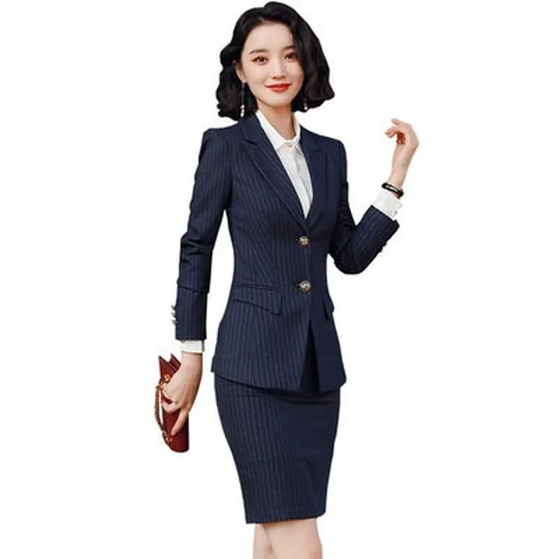 

Business Women's Formal Wear High Quality Female Suit Skirt Two-piece Autumn and Winter Striped Ladies Jacket Slim-fit Skirt
