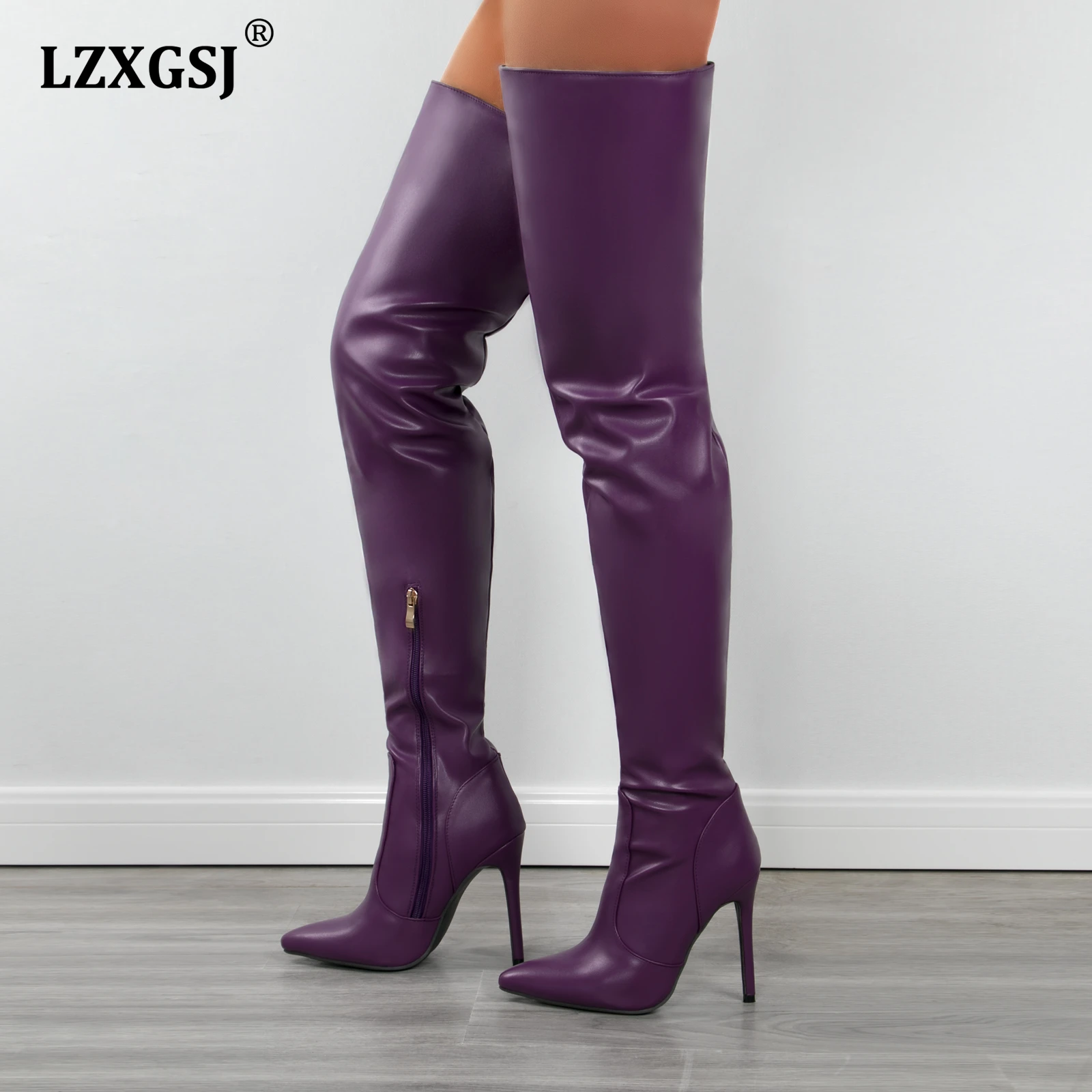 Женские привлекательные Сапоги выше колена Фиолетовые женские сапоги на высокой