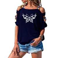 summer butterfly print t shirt fashion women cotton short sleeve t shirt sexy hollow out shoulder tee