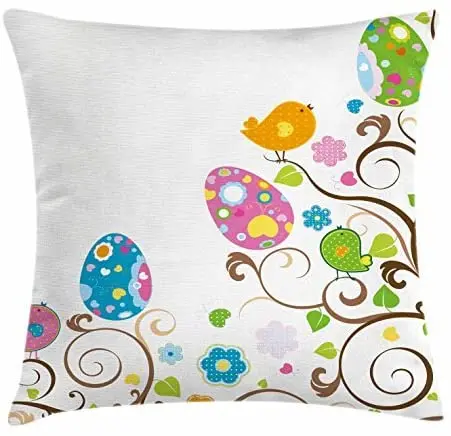 

Pooizsdzzz Eaer Throw Pillow Cushion Cover, Joyful Nature Themed Composition with Swirled Branches Flowers Birds Eggs