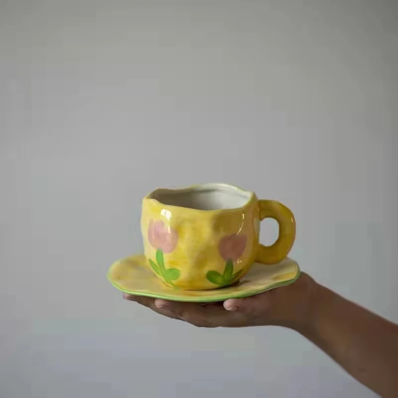 Water Cup Creative Insta Style Retro Girl Heart Hand Held Coffee Saucer Afternoon Tea Ceramic Mug Tasses En Céramique Bourres | Дом и сад