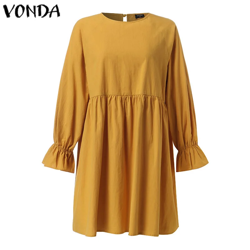 Женское мини-платье VONDA с круглым вырезом и длинным Расклешенным рукавом
