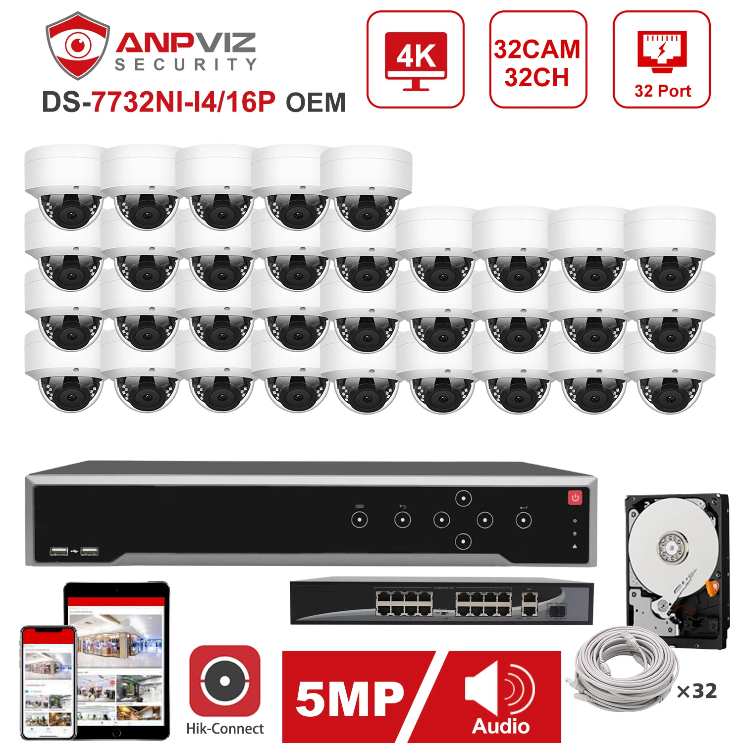 Hikvision OEM NVR 32CH 4K Комплект Anpviz 32 шт. 5MP POE IP камера система для помещений/улицы CCTV