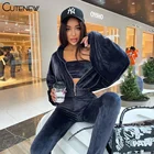 Женский бархатный комплект из двух предметов, Свободный Топ на молнии с длинным рукавом и облегающие леггинсы