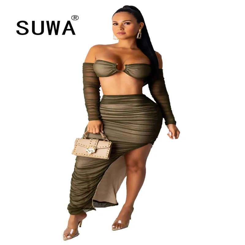 

2020 Spring Winter Women Set Full Sleeve Mesh Tracksuits Slash Neck Crop Top+Skirts Suit Two Piece Set Sexy Bandage Outfits
