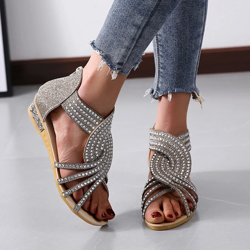

Women Wedges Sandals Crystal Gladiator Shoes Back Zip Low Heels Rhinestones Breathable Rome Boot Fashion Open Toe Ladies Sandals