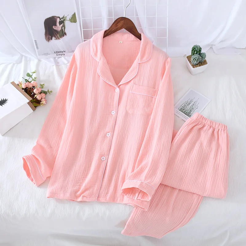 

Cotton Couple Homewear Women Men Pajamas Set Laple Collar Long Sleeve Button 2 Piece Solid Comfortable Sleepwear