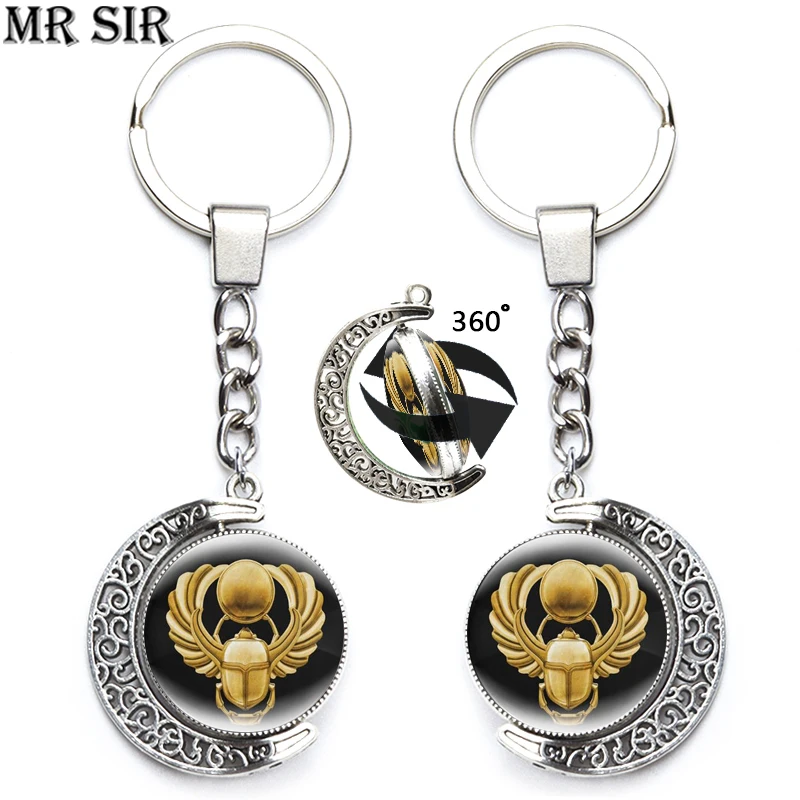 

New Egyptian Scarab Keychain Rotatable Glass Pendant Egypt Protection Moon Keyring Amulet Fashion Key Chain Vintage egipto egito