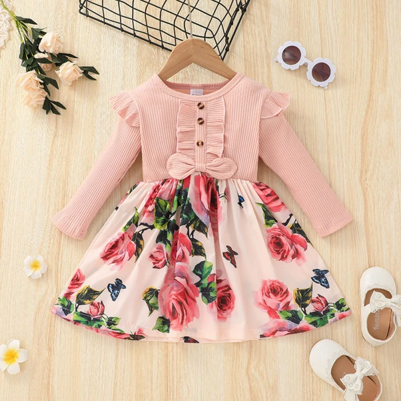 

Autumn Baby Girls Dress Long-sleeved Casaul Flowers Stitching Dress Floral Princess Dresses Kids Children Clothing