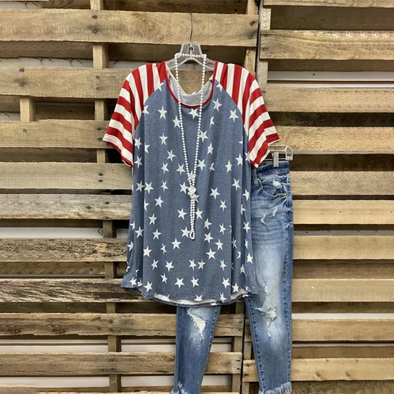 

Summer Casual Short Sleeve Pullover Women T-shirt Oversized Star Print Stripe Patchwork Loose Tops