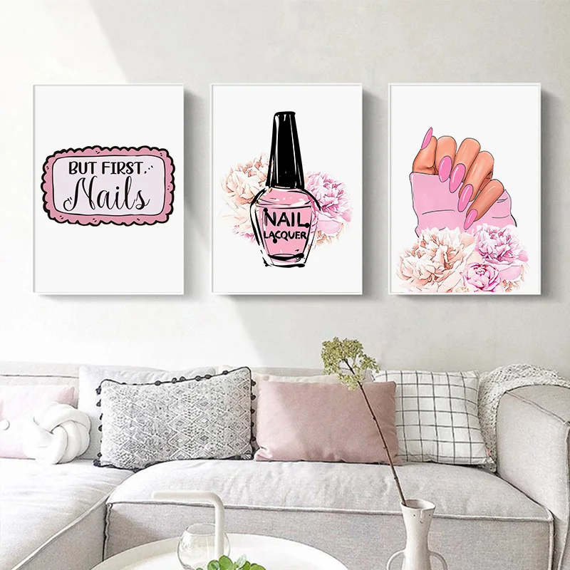 Современный модный постер розовый лак для ногтей Картина на холсте с цветами