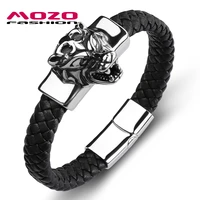 fashion punk male bracelet black leather stainless steel devil men animal beast tiger cuffs jewelry ps2123