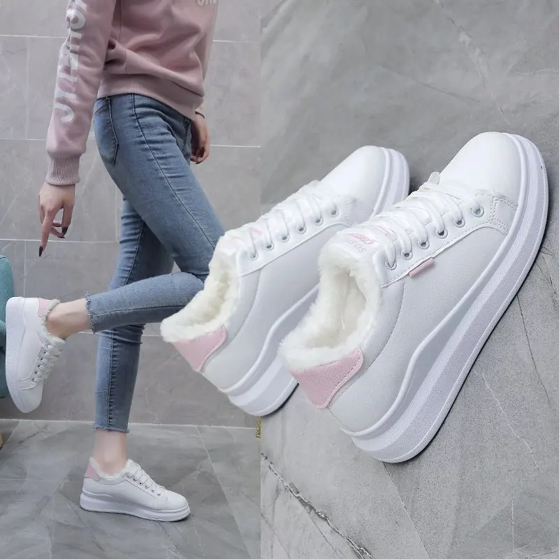 

2020 Winter Women Sneakers Sport Shoes Casual Trainers Warm Fur Plush 3CM Platform Ladies Vulcanized Flat Running Walking