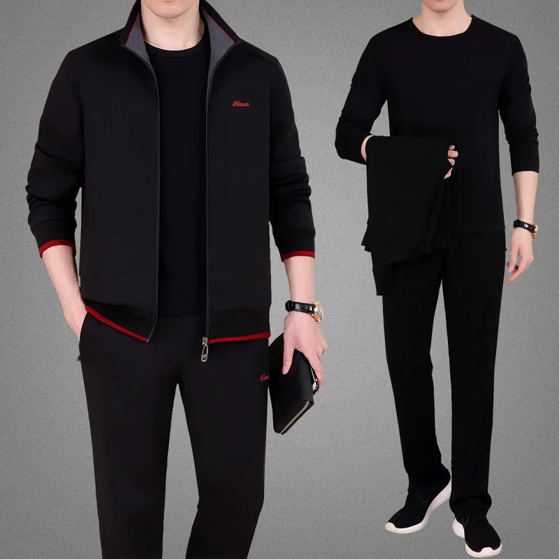 black 3 шт., осенняя мужская спортивная одежда, спортивный костюм, куртка на молнии, толстовка с длинным рукавом, свободные штаны для бега, одежда для бега, повседневный комплект, спортивный костюм - Цвет: black