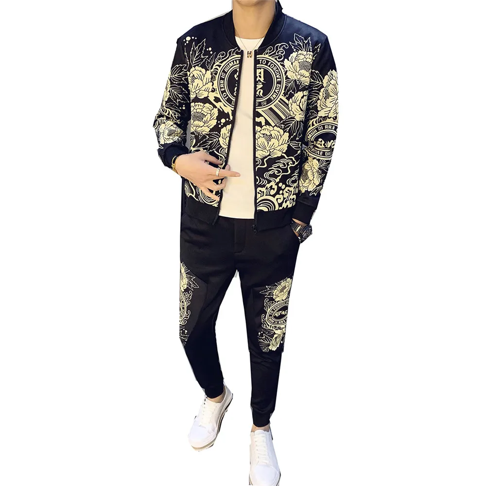 

New men's suit autumn men's sports 2-piece printed sports suit jacket + pants sweatshirt men's sports suit Asian size