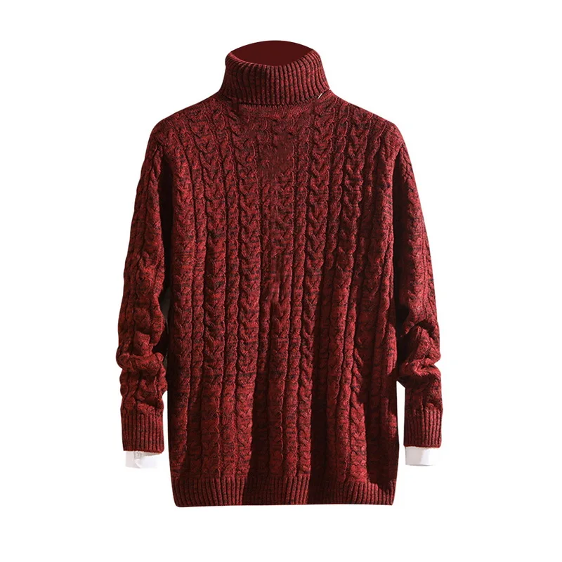wine red Зимний однотонный цветной кабель-Вязанный свитер с воротником-стойкой, плотный теплый, Облегающая посадка пуловер и свитер для мужчин - Цвет: wine red