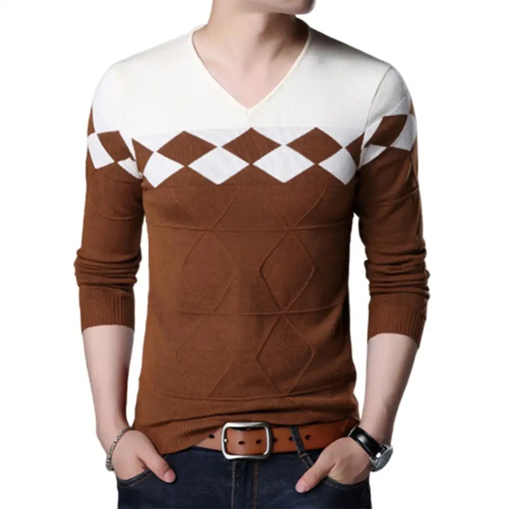 

Autumn Men's Sweater Chic Men's V-neck Long Sleeve Color Block Pullover Sweater Stretch Slim Men's Sweater