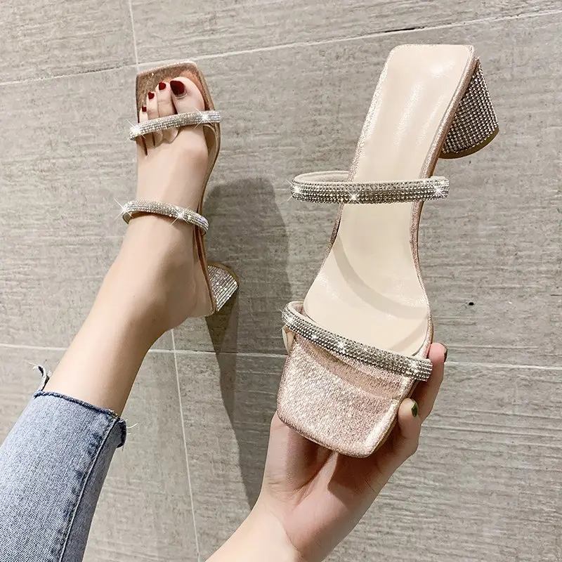 

Strange Style High Heel Slippers Women Crystal Narrow Band Slippers Women Shoes Summer Elegant Open Toe High Heel Slides
