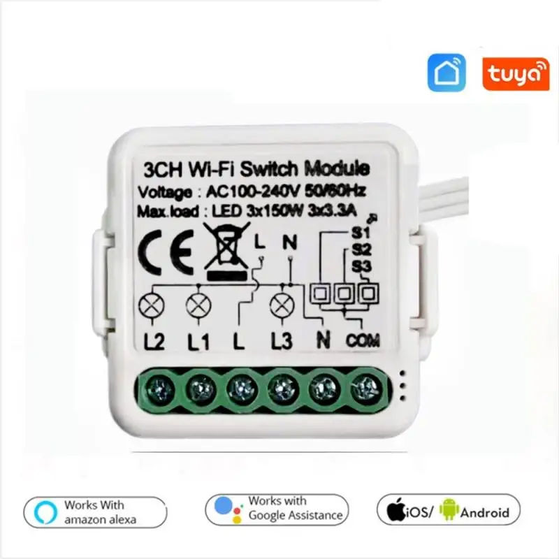 

MINI Tuya smart wifi switch 3-way dual-control concealed Breaker modification suitable for EU/UK wall switch boxes support Alexa