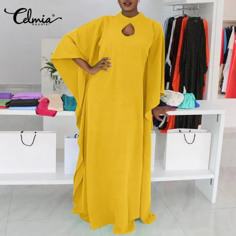 

Длинные халаты Celmia с рукавом летучая мышь, женское однотонное повседневное свободное пикантное уличное платье, женские платья с круглым вы...