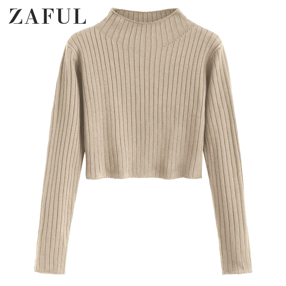 ZAFUL ребристый укороченный свитер с воротником и длинными рукавами Одноцветный
