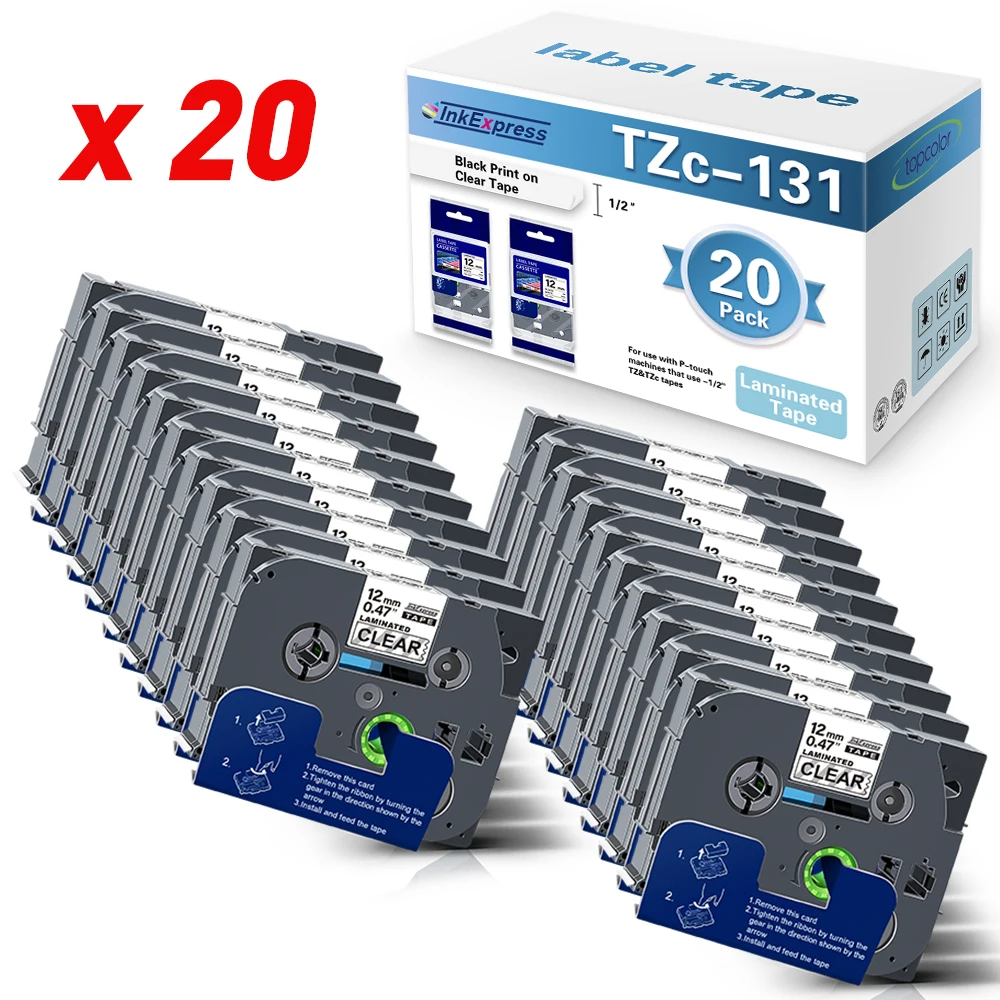 

20PK tz131 совместимая лента для этикеток Brother 12 мм, черная на прозрачной идентификации для маркера Brother P, пишущая машинка 110