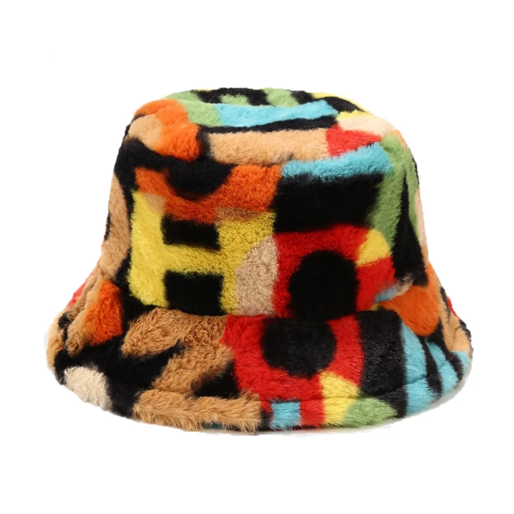 Winter Warm Rabbit Fur Hip Hop Bucket Hat Designer Luxury Women Men Colorful Printing Streetwear Flat Top Fishing Caps