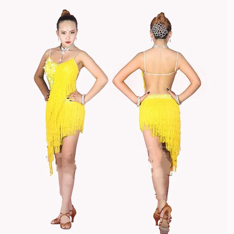 

New Latin Dance Dress Women Competition Costumes Custom Practice Skirts Shining Crystal Yellow Thick Fringed Latin Dresses