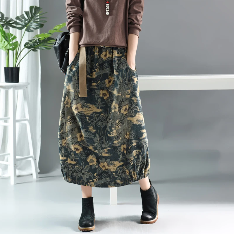 Джинсовые юбки для женщин с цветочным принтом осень 2019 новинка эластичная