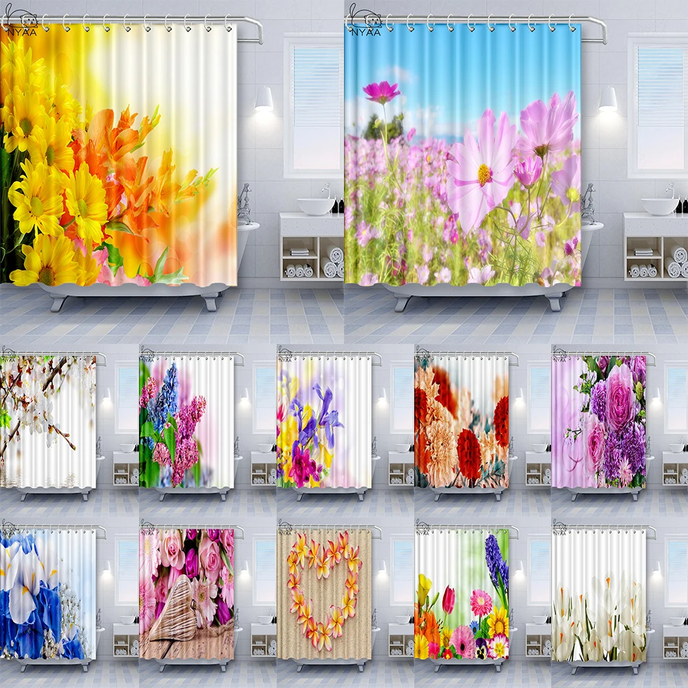 

3D занавеска для душа NYAA в скандинавском стиле с цветочным принтом, занавеска с крючком в натуральном ландшафте для украшения дома, занавеск...