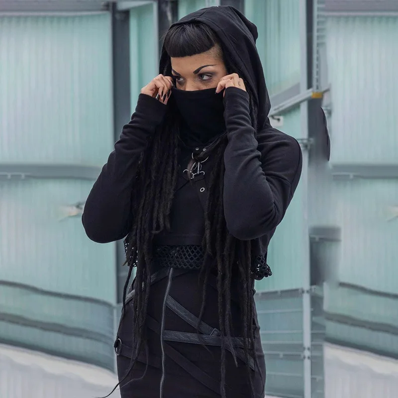 

Streetwear Punk Mesh Partchwork Black Hooded Hoodies Women Gothic Pullovers Long Sleeve Buckle Bandage Slim Hoodies Tops