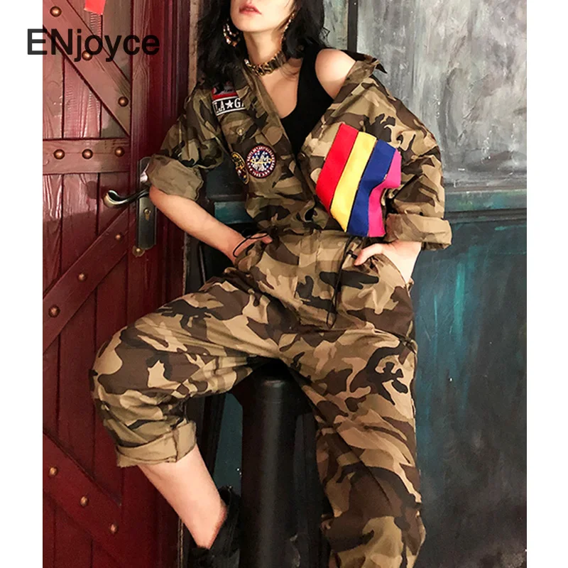 ENjoyce Trendy Camouflage Printed Jumpsuit for Women Vintage Long Sleeve High Waist Overalls Playsuits Jump Suits Spring Fall