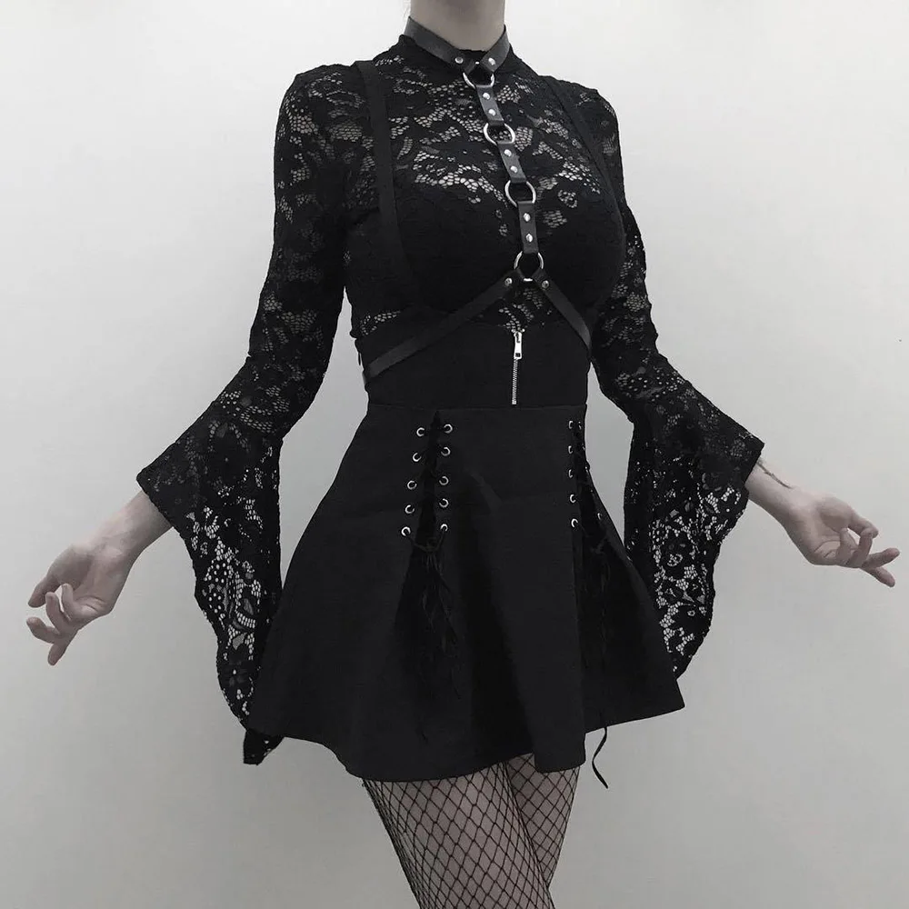 Женский черный комплект из двух предметов готический сексуальный кружевной боди