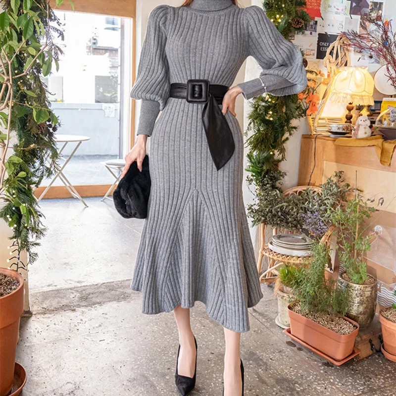 

Women High Neck Lantern Sleeve Fish Tail Dress Women Mermaid Midi Long Dress Ladies Knitted Dress Autumn Winter
