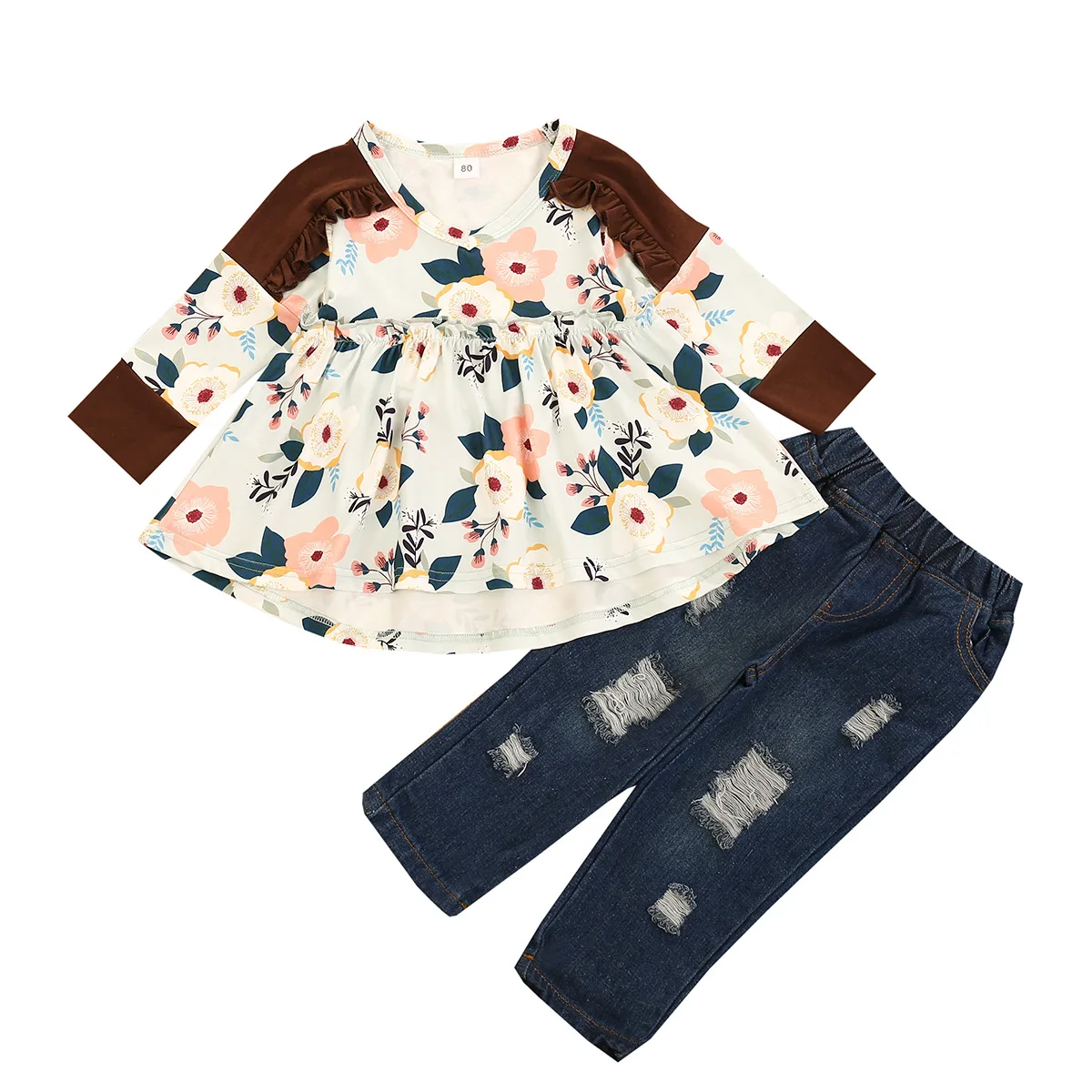 

Toddler Kids Baby Girls Autumn Spring Full Sleeve Flower Tops T-shirts Long Hole Denim Pants Children Clothes Sets 2pcs 12M-5Y