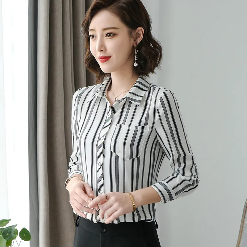 Профессиональная рубашка в красную и белую полоску для офиса женская с длинным