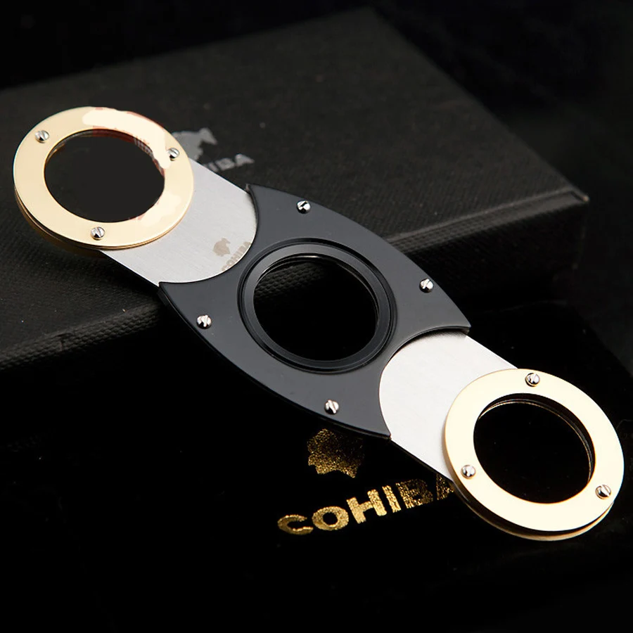 Гаджеты COHIBA двойные ножи из нержавеющей стали черный нож для обрезки сигары Карманный гаджет Zigarre кубинские принадлежности для курения 356GA