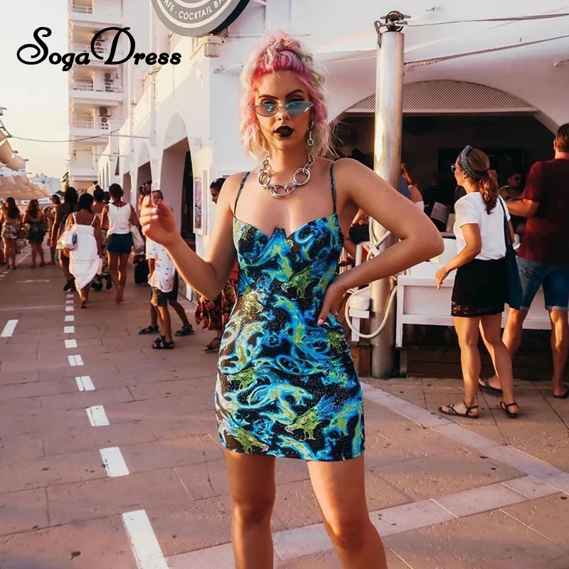 Платье комбинация SOGA с принтом дракона и тотемного цвета пикантное облегающее