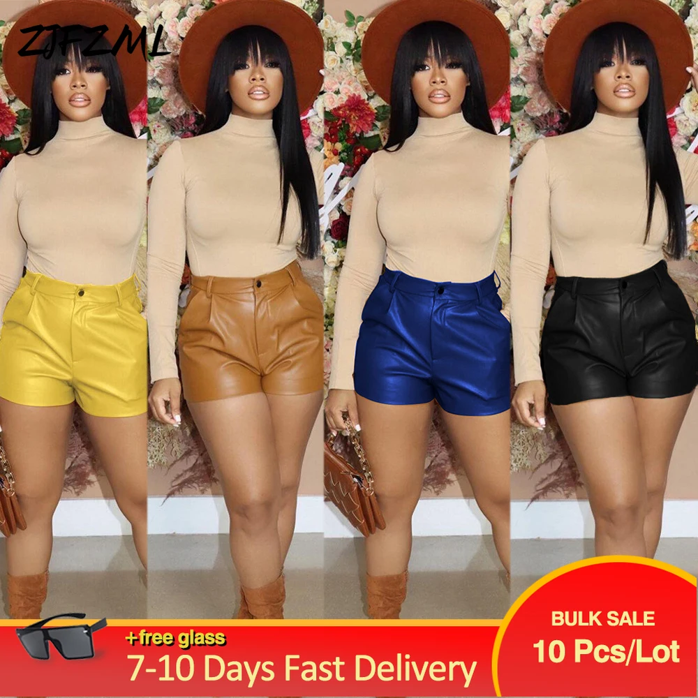 

Оптовая продажа, большие партии, женские шорты, Осень-зима, однотонные, с высокой талией, из искусственной кожи, боковые карманы, обтягивающи...