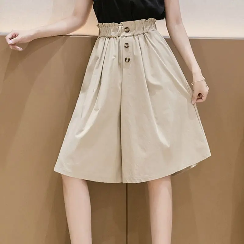 Summer Capri High Wasit Shorts Wide Leg Lady Shorts Loose Women Tailored Shorts Lounge Shorts Elastic Waist Knee Length Shorts