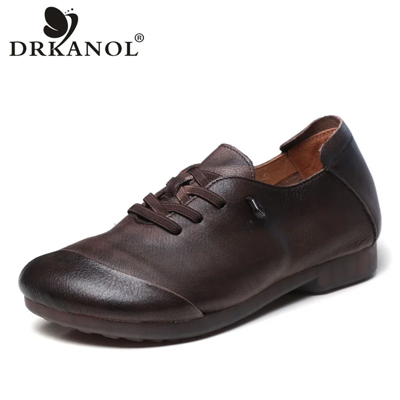 

DRKANOL 2022 Retro Handmade Slip On Loafers Women Flat Shoes Soft Bottom Genuine Cow Leather Shallow Pregnant Woman Casual Shoes