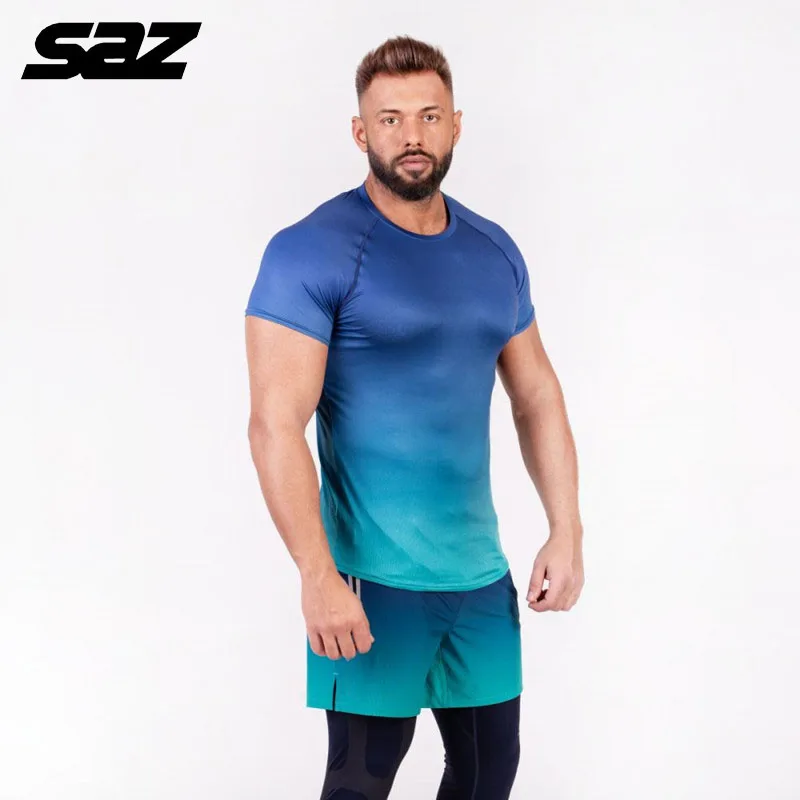 

Мужской спортивный костюм SAZ, быстросохнущая эластичная футболка с короткими рукавами для фитнеса, уличный спортивный мужской комплект из 2...