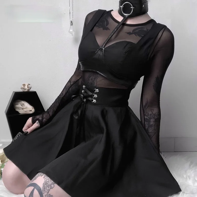 Мини-юбка женская плиссированная с завышенной талией, готическая Черная юбка на шнуровке в стиле панк, Повседневная Уличная одежда, однотонная трапециевидная юбка