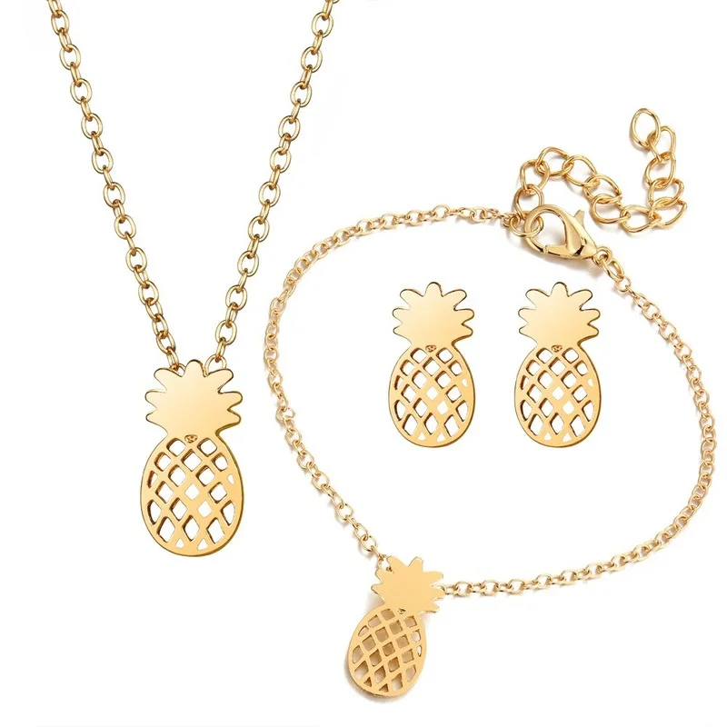 

Cross-border New Arrival Hollow Pineapple Necklace Ear Stud Bracelet Set Combination Earrings Pendant Ornaments Factory