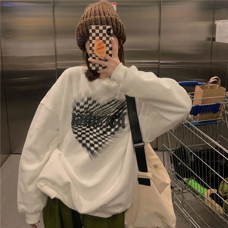 

Fuzzy Love Checkerboard Sweater Women's Autumn and Winter Lazy Wind Loose Leisure Plush Thickened Top Tide